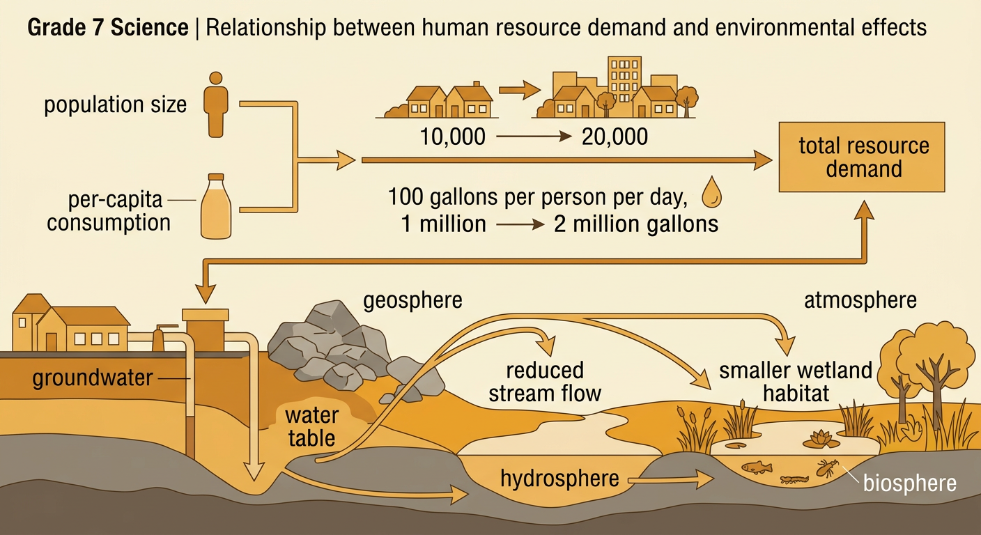 A town water-use diagram shows population growth, daily consumption, a falling underground water level, and a shrinking wetland.