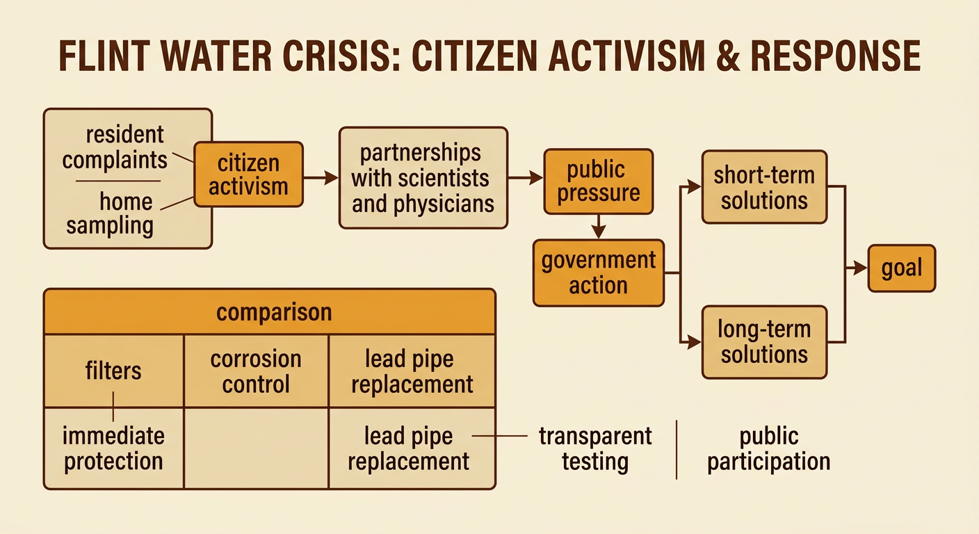 A response timeline links citizen activism to filters, corrosion control, transparent testing, and lead pipe replacement.
