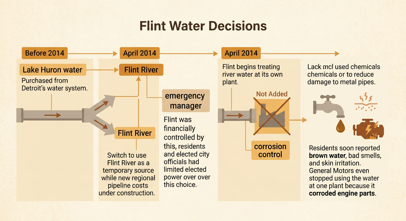 A decision diagram shows Flint switching from treated Lake Huron water to the Flint River under an emergency manager without corrosion control.