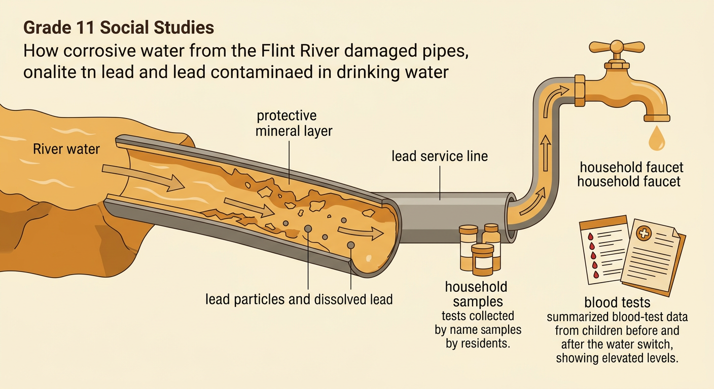 A cutaway pipe shows corrosive water breaking a protective mineral layer and releasing lead while researchers examine water and blood evidence.