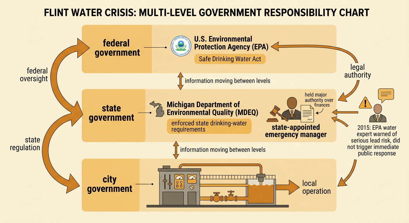 A layered government diagram connects Flint's treatment plant to city, state, and federal responsibilities under the Safe Drinking Water Act.