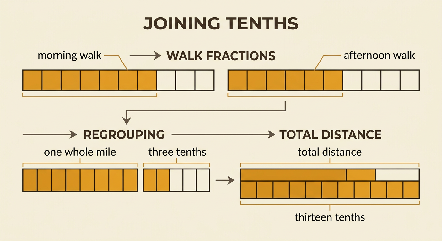 A mile strip joins Luis's morning and afternoon walks to show a total of one and three tenths miles.
