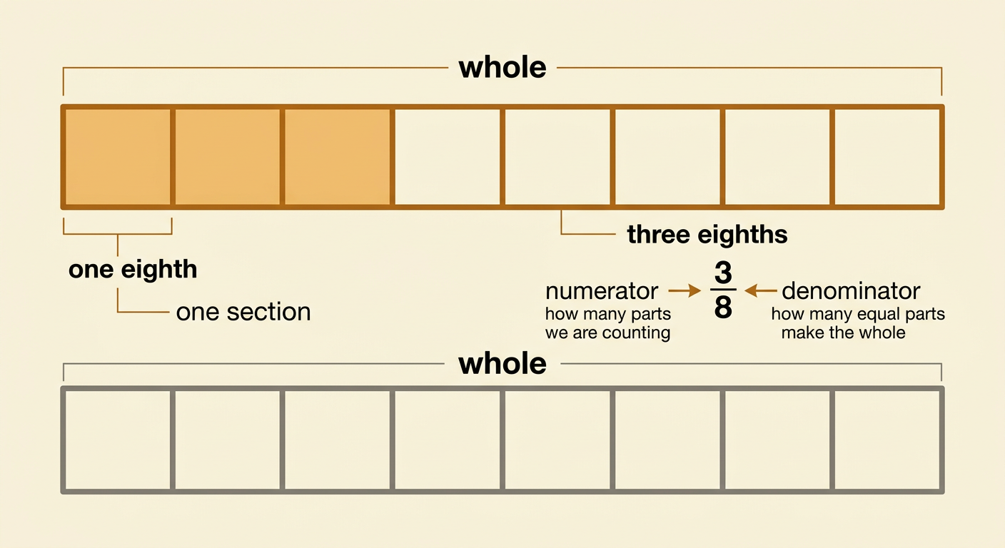 A same-size rectangle is divided into eight equal parts, with three parts shaded and the fraction parts identified.