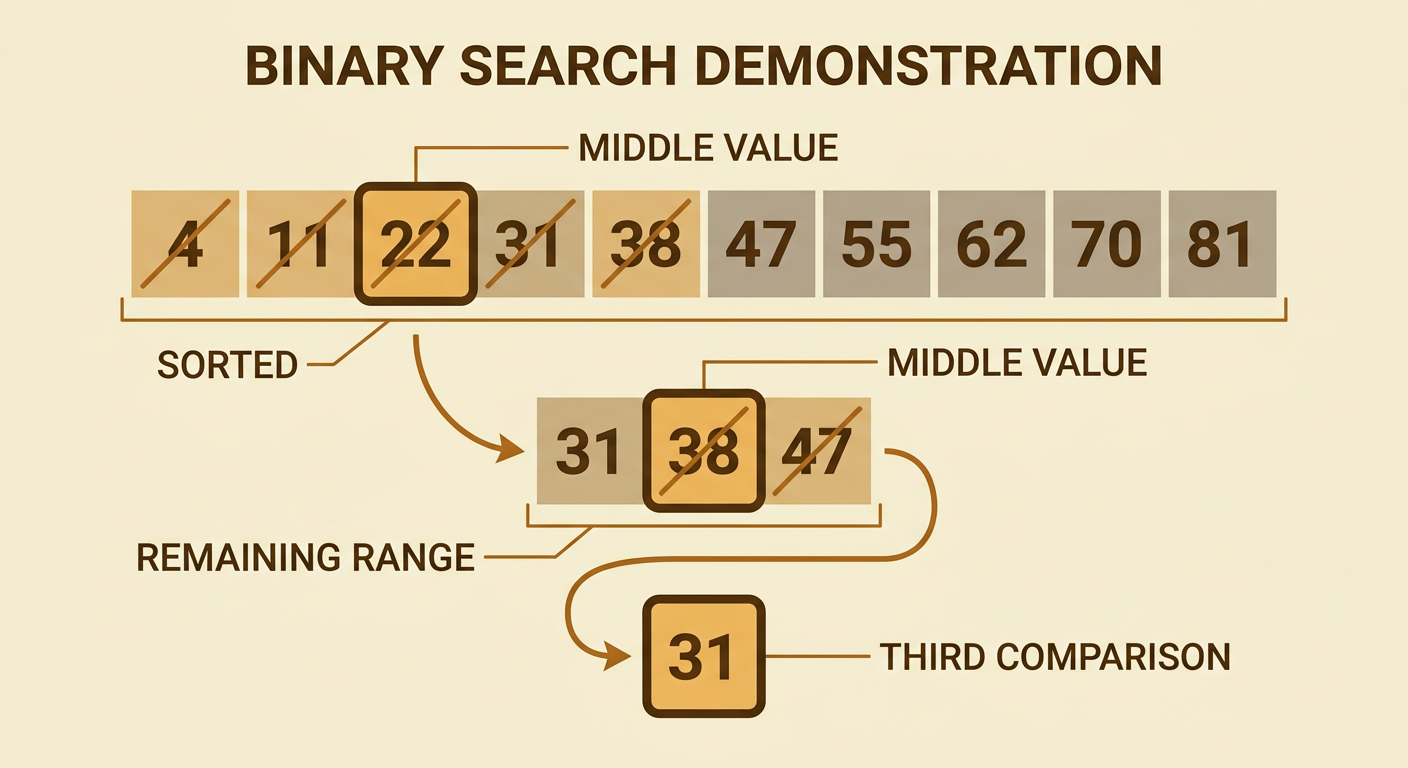 A three-stage binary search diagram highlights 22, then 38, then 31 while crossed-out regions shrink.