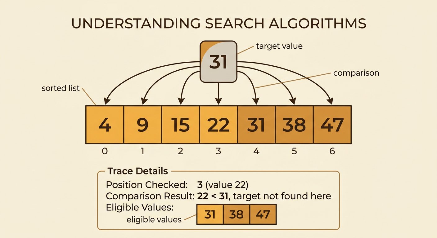 A sorted number list shows 31 as the target and highlights all values as initially eligible.