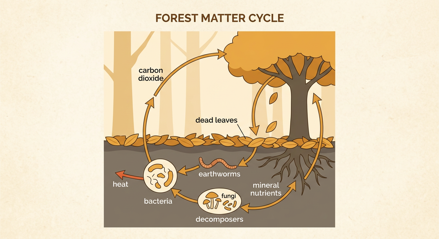 A forest-floor cycle shows dead leaves, earthworms, and decomposers returning carbon dioxide to the air and mineral nutrients to tree roots while releasing heat.