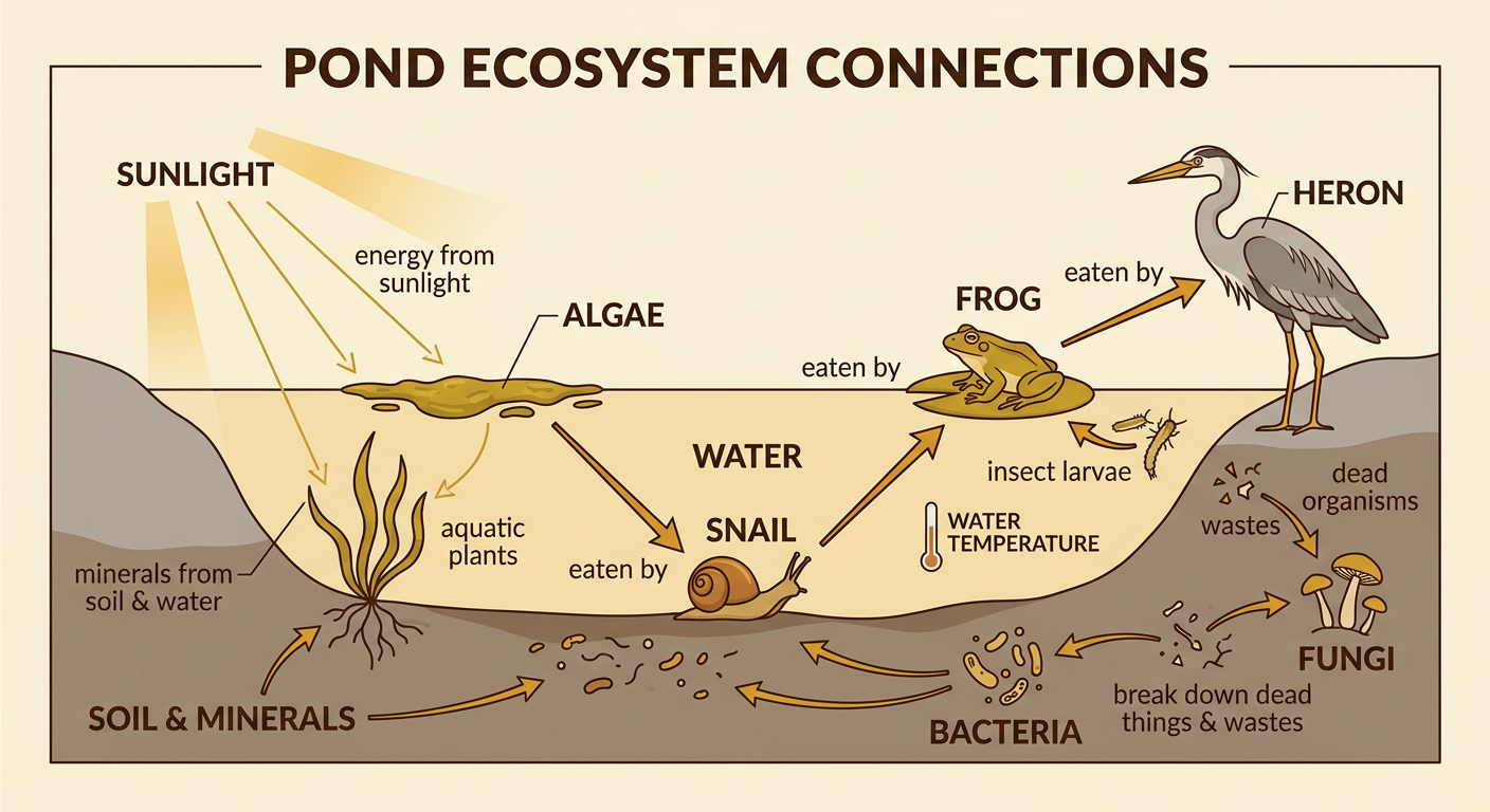 A labeled pond scene shows algae, a snail, bacteria in the mud, a frog eating an insect, and a heron hunting the frog.