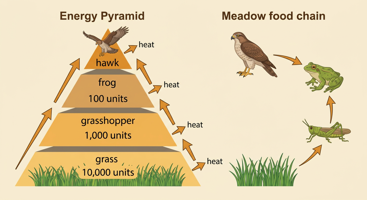 A meadow energy diagram shows arrows from grass to grasshopper to frog to hawk, with decreasing energy amounts and heat leaving each step.