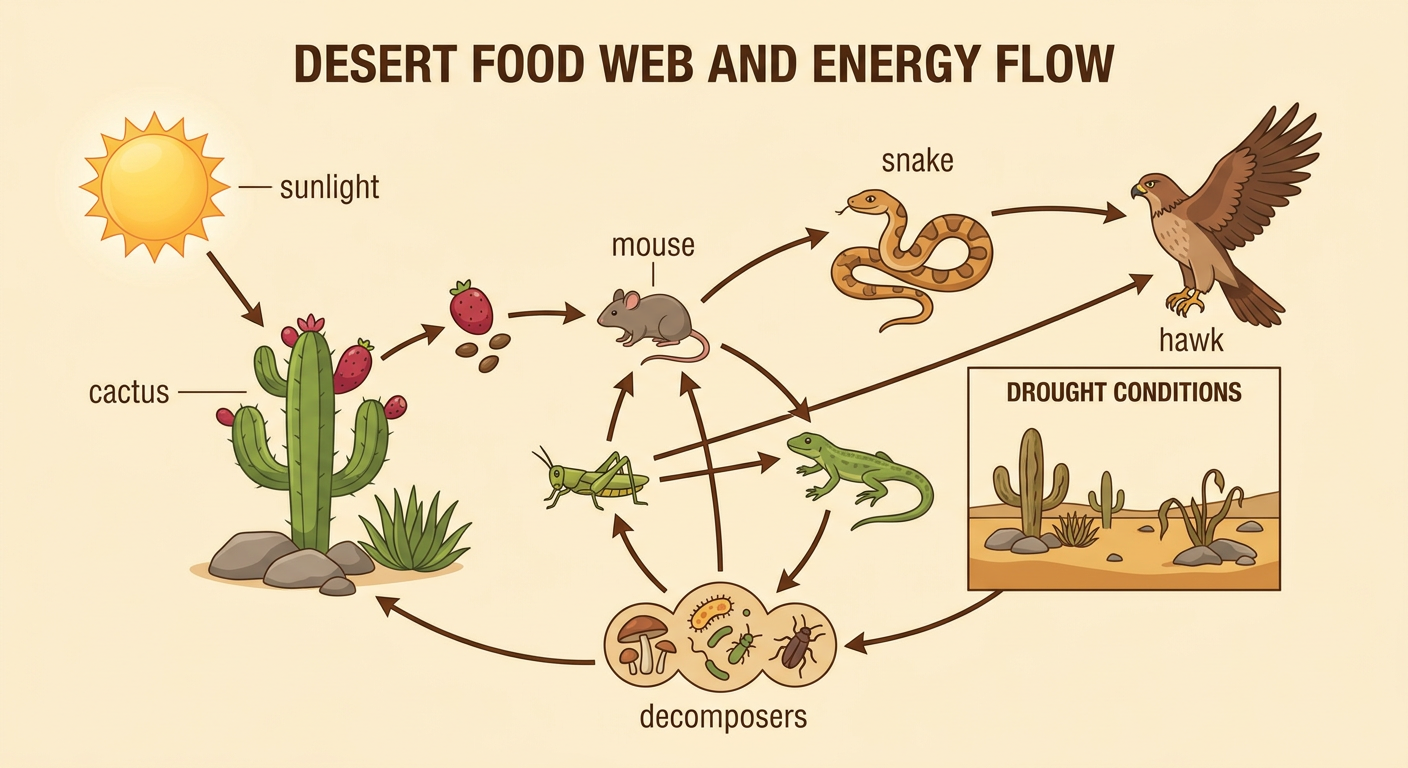 A desert food web shows sunlight reaching a cactus, feeding arrows through a mouse to a snake and hawk, and decomposers returning matter to the environment.