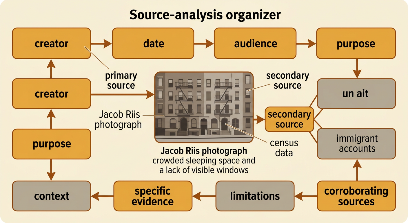 An evidence board compares a Jacob Riis tenement photograph with census data, immigrant accounts, and a later historical interpretation.