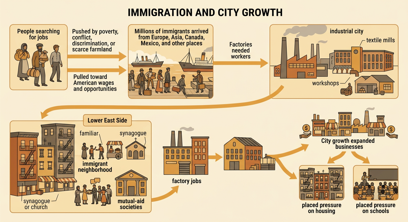 A busy Lower East Side street shows immigrant families, nearby garment work, crowded housing, and neighborhood support groups.