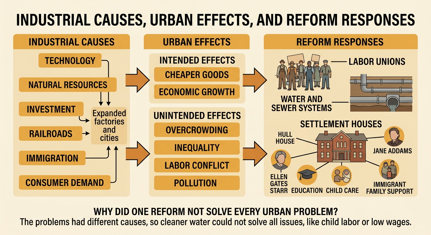 A cause-and-effect city diagram centers on Hull House and shows unions, public water improvements, and services for immigrant families.