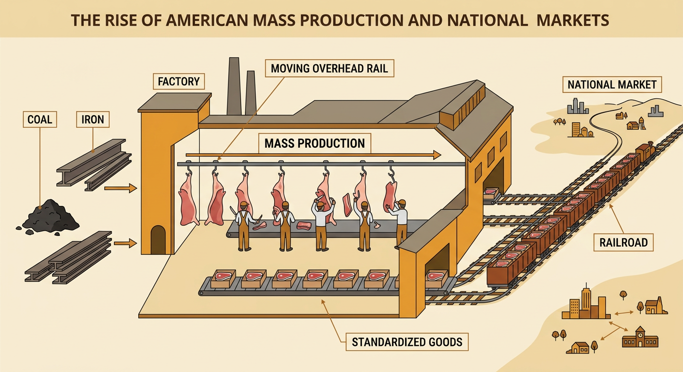 A Chicago meatpacking factory diagram shows workers using an overhead rail while resources and rail transportation support mass production.