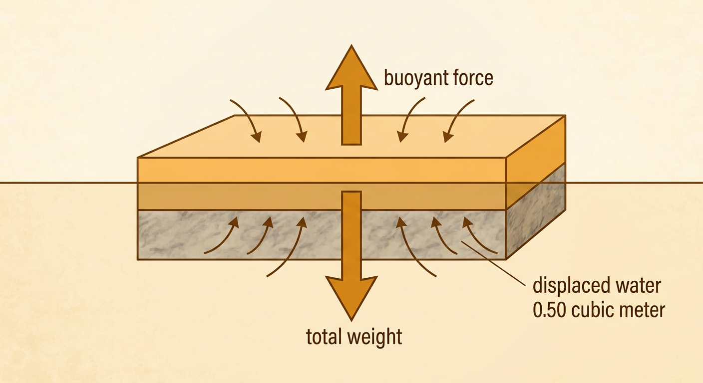 A loaded floating platform displaces water while equal upward and downward force arrows show balanced forces.