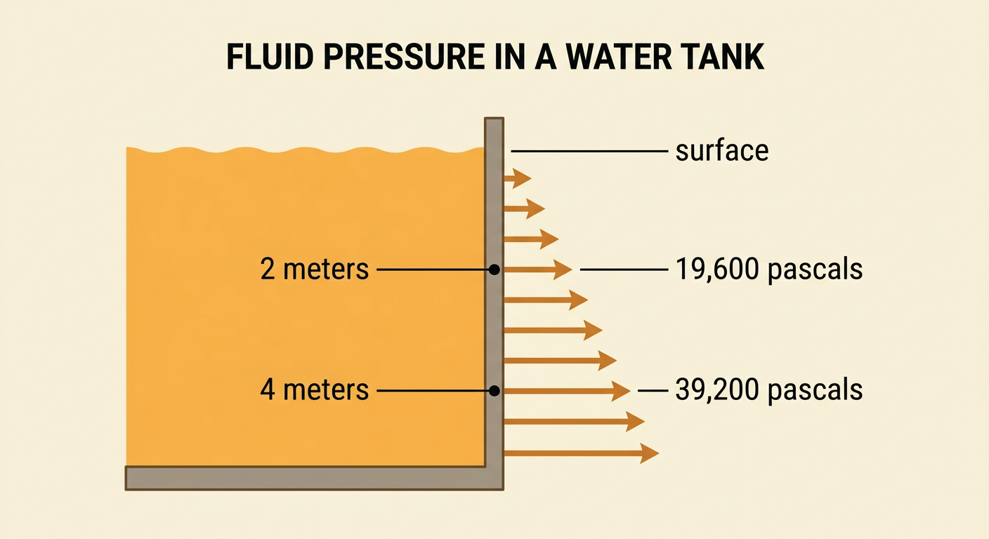 A freshwater tank shows increasing pressure at labeled depths, with a wall that is thicker near the bottom.