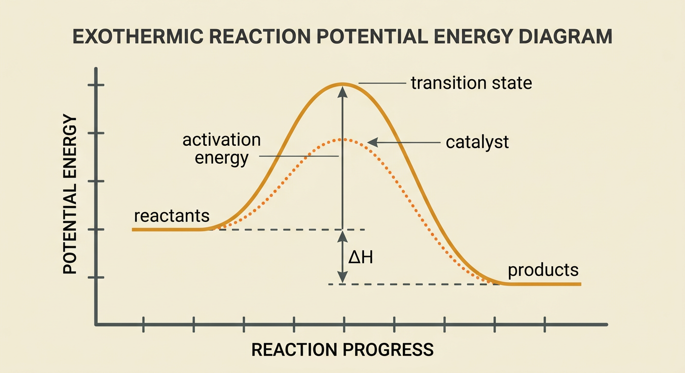 An exothermic potential energy diagram shows reactants above products, a transition-state peak, and a lower catalyzed pathway.