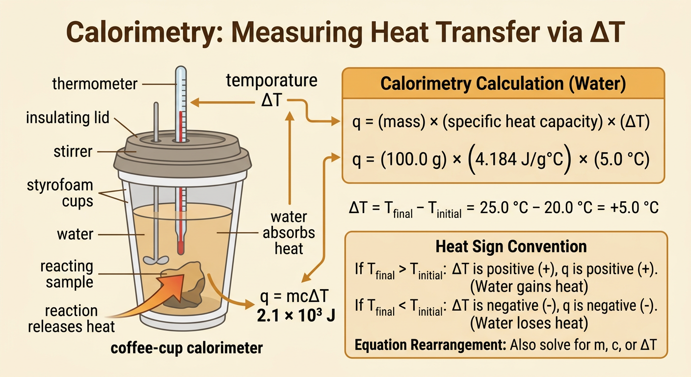 A calorimeter calculation beside warming water shows the measured values substituted into the heat equation.