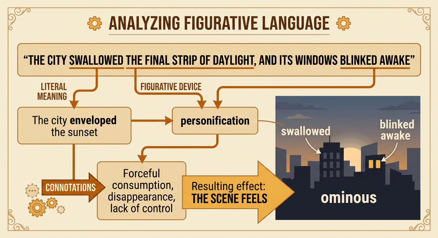A dark city appears to consume the last daylight as illuminated windows resemble opening eyes.