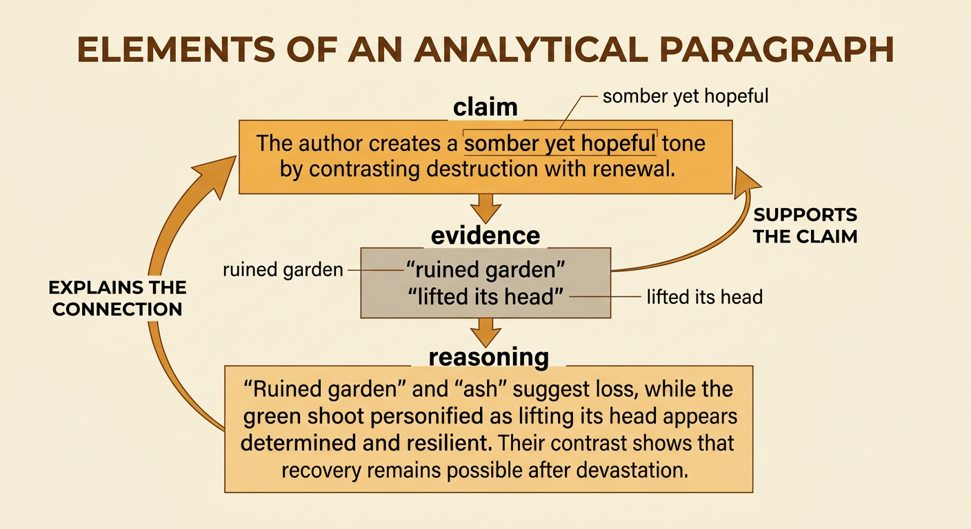 An analysis organizer connects a tone claim to quoted details and an explanation of loss, resilience, and recovery.