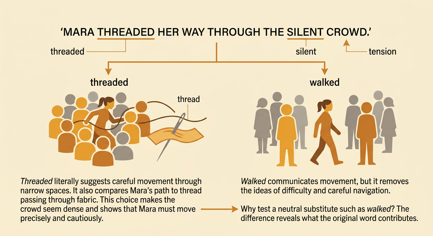 Mara carefully weaves through a tightly packed, unusually quiet crowd like thread passing through fabric.