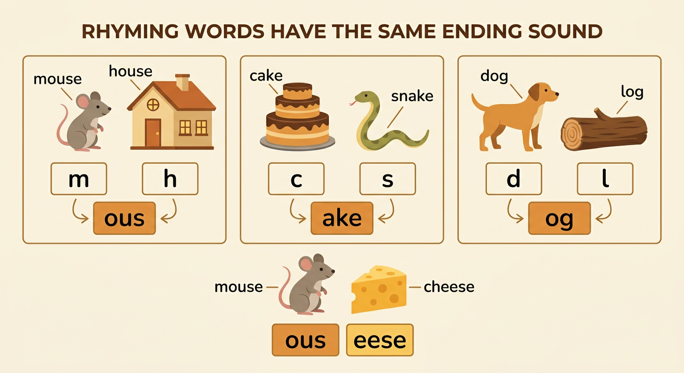 A sound diagram connects mouse with house and cake with snake, while mouse and cheese are marked as not rhyming.