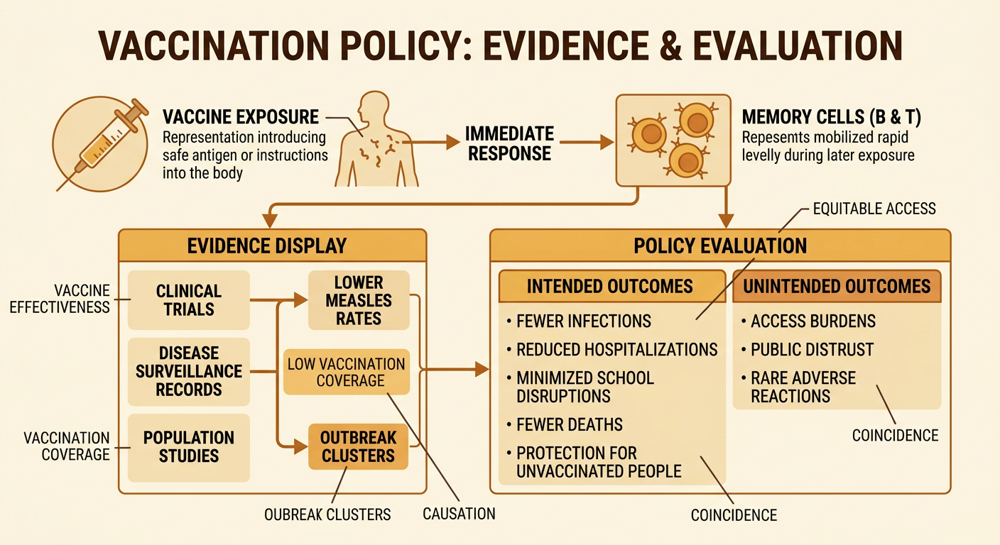 An evidence dashboard compares measles vaccination coverage with outbreak rates and summarizes policy benefits and concerns.