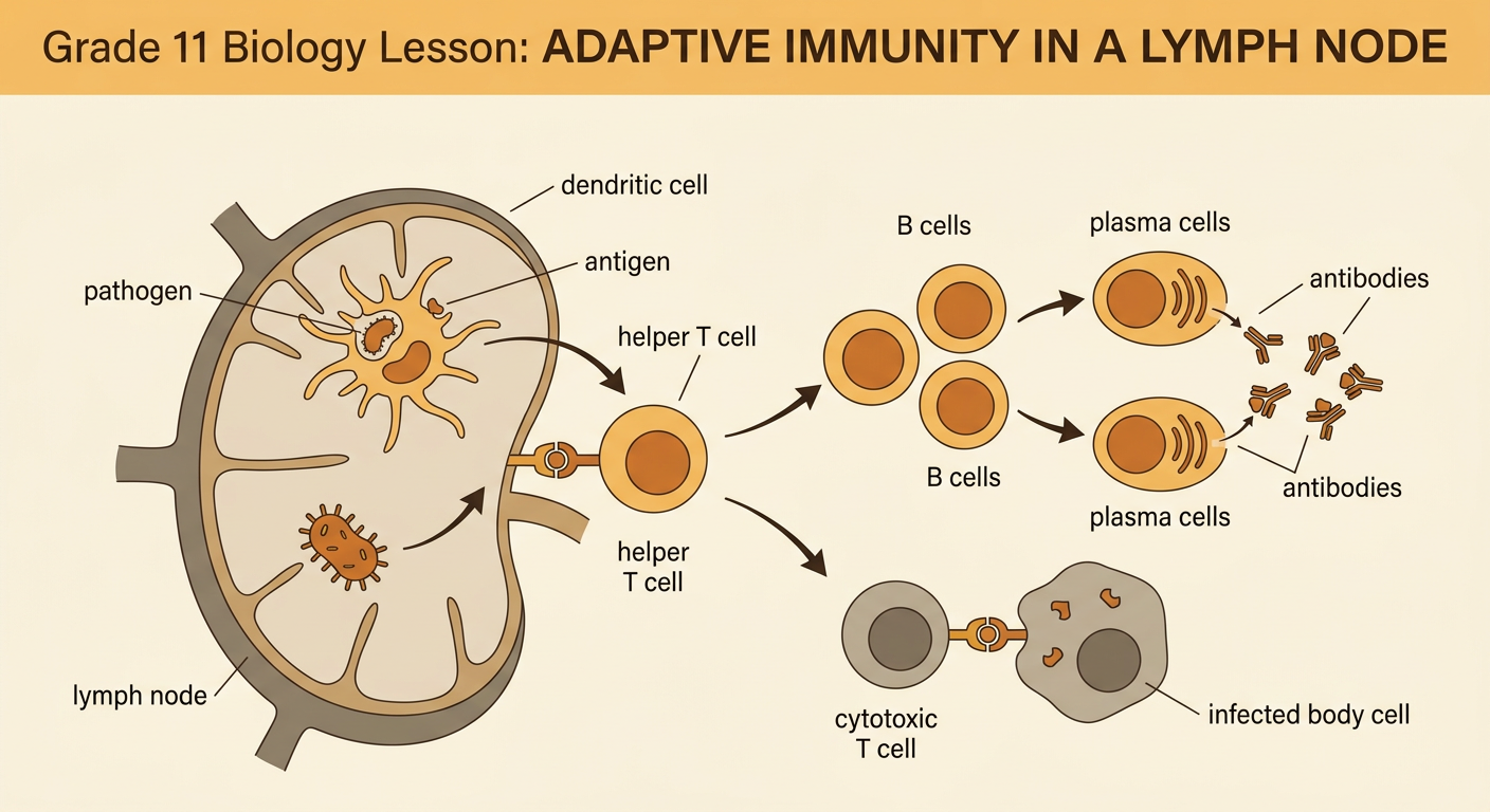An immune-response diagram shows antigen presentation activating T cells and B cells in a lymph node.