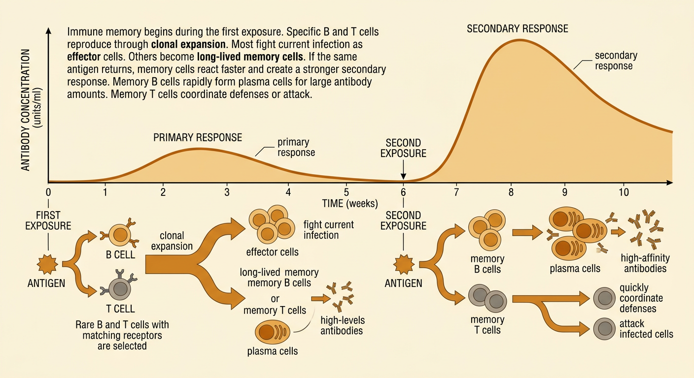 A graph compares the slower primary response with the faster and stronger secondary response to the same antigen.