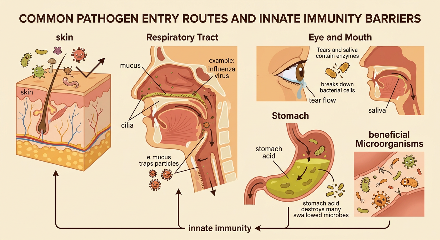 A cutaway view of the body's outer and respiratory barriers stopping pathogens before they reach cells.