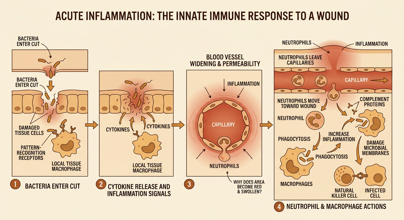 A magnified skin wound shows bacteria triggering inflammation as immune cells leave a nearby capillary.