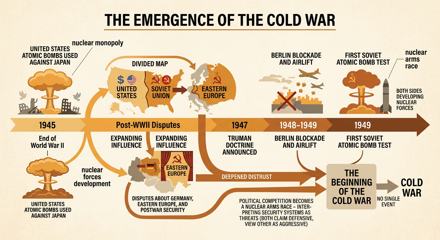 A map of divided postwar Europe shows the rival superpowers, Eastern Europe, and the beginning of the nuclear arms race.