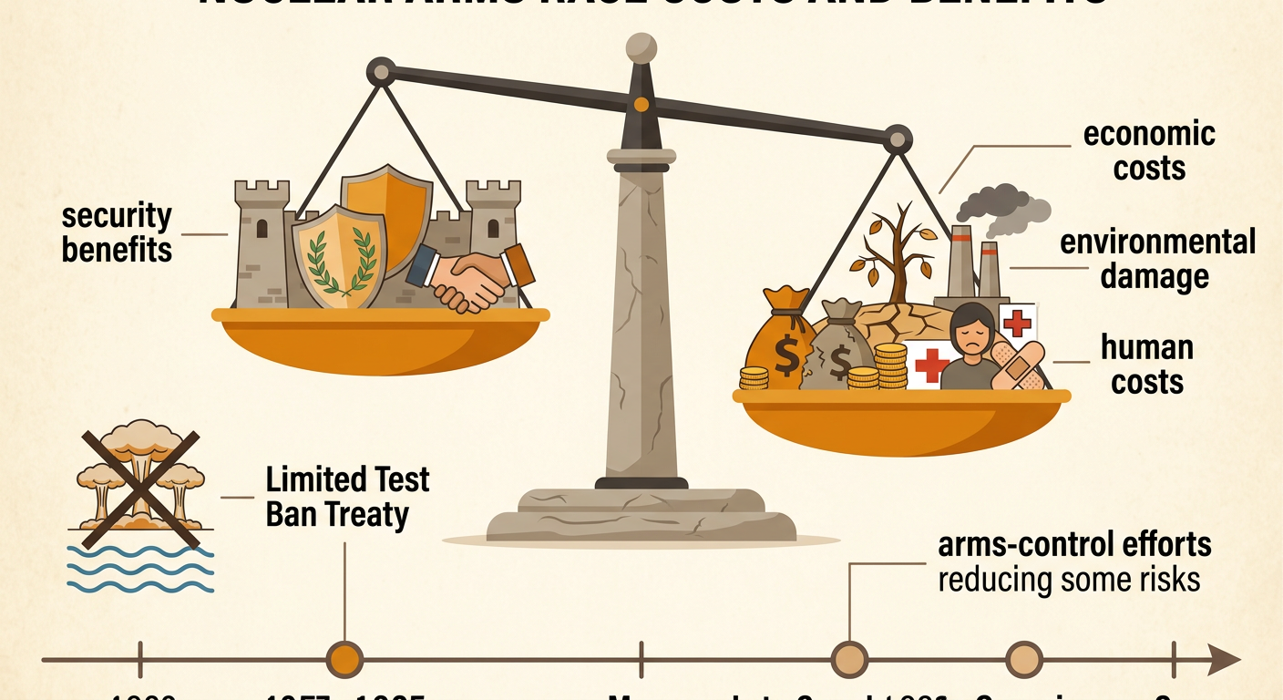 A balance scale compares claimed security benefits with the economic, environmental, and human costs of nuclear competition.