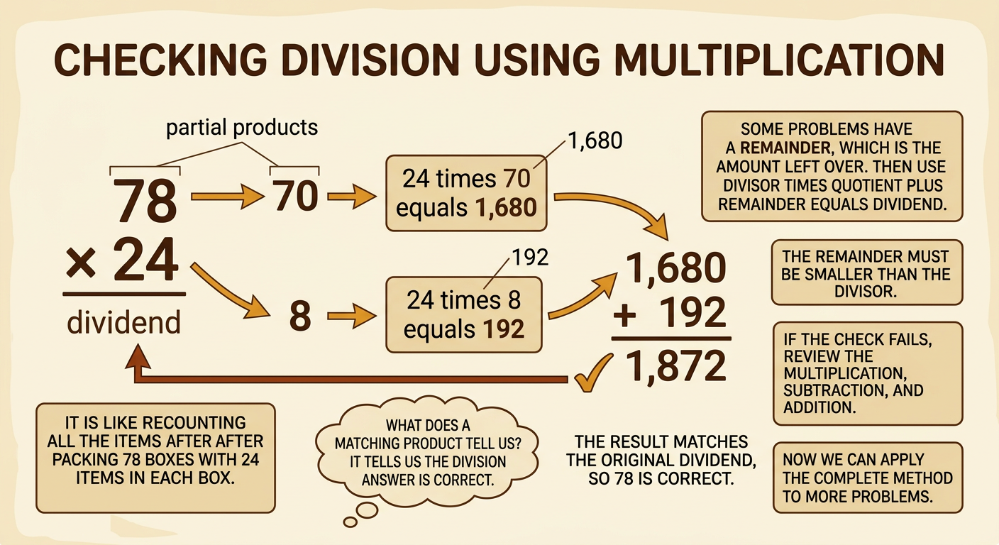 A multiplication area model splits 78 into 70 and 8 and combines the partial products to make 1,872.