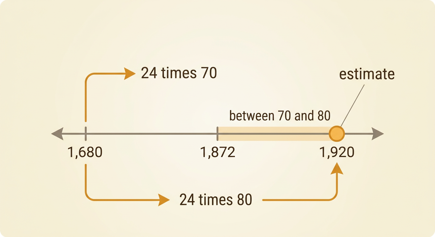 A number line places 1,872 between the products for 70 groups and 80 groups of 24.