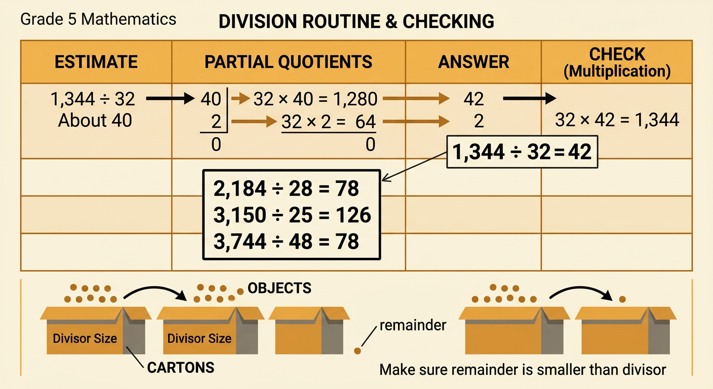 A practice board shows four division problems with their partial-quotient chunks and exact quotients.