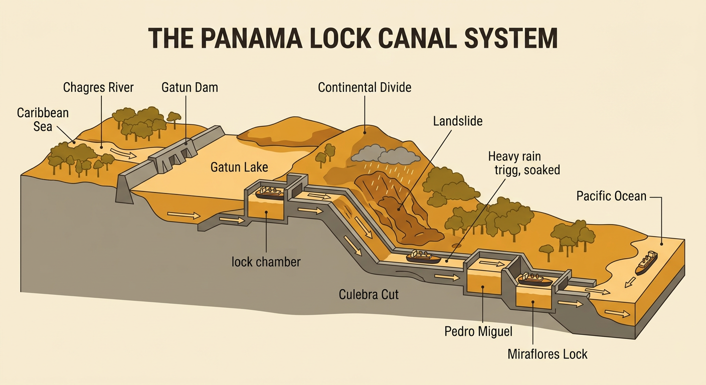 A cutaway diagram shows a ship rising through locks from sea level to Gatun Lake.