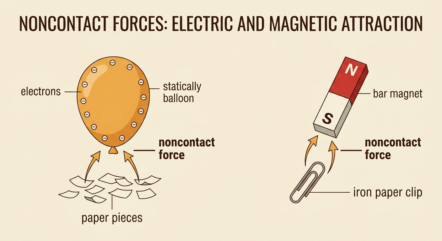 A charged balloon attracts paper pieces while a bar magnet pulls an iron paper clip across visible gaps.