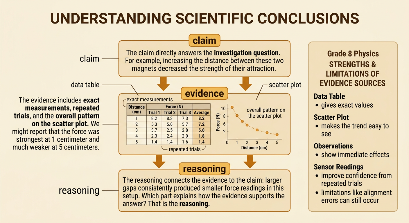 A science notebook organizes magnet results into a claim, evidence, and reasoning beside a data table and scatter plot.