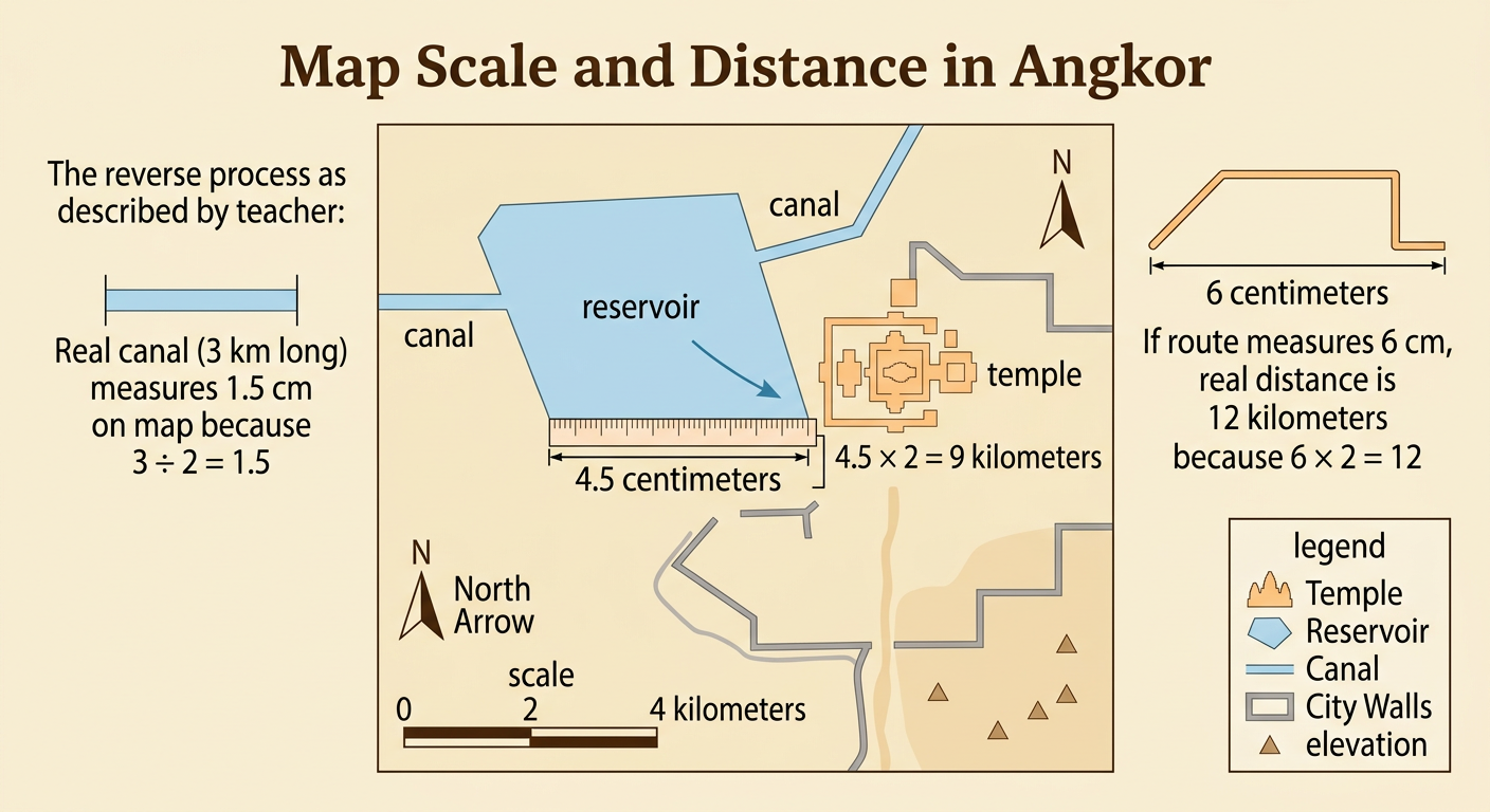 A scale map shows a measured line between a reservoir and temple, a canal, map symbols, and elevations.