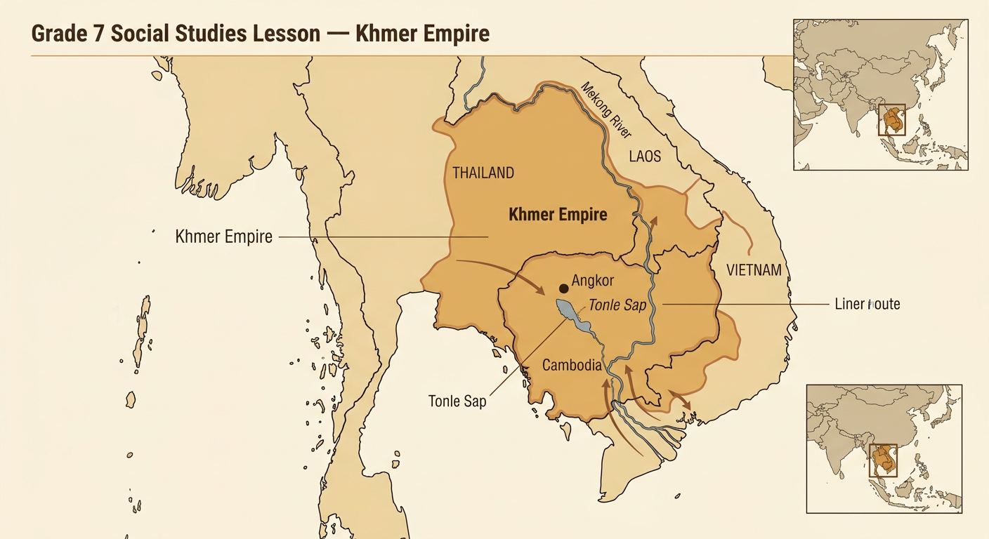 A historical map shows the Khmer Empire, Angkor, neighboring modern countries, and Tonle Sap in mainland Southeast Asia.
