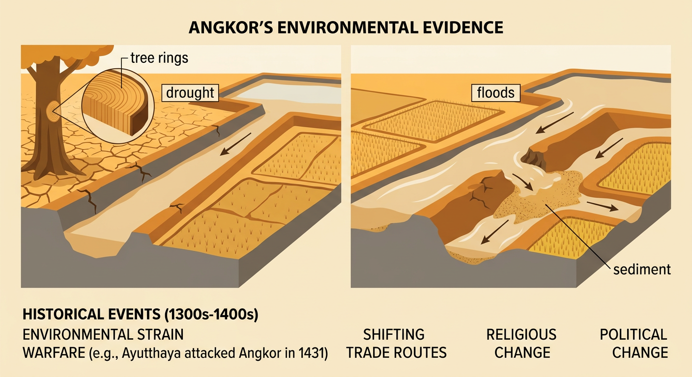 An evidence diagram shows drought damage, a violent flood, sediment blocking a canal, and people remaining at Angkor.