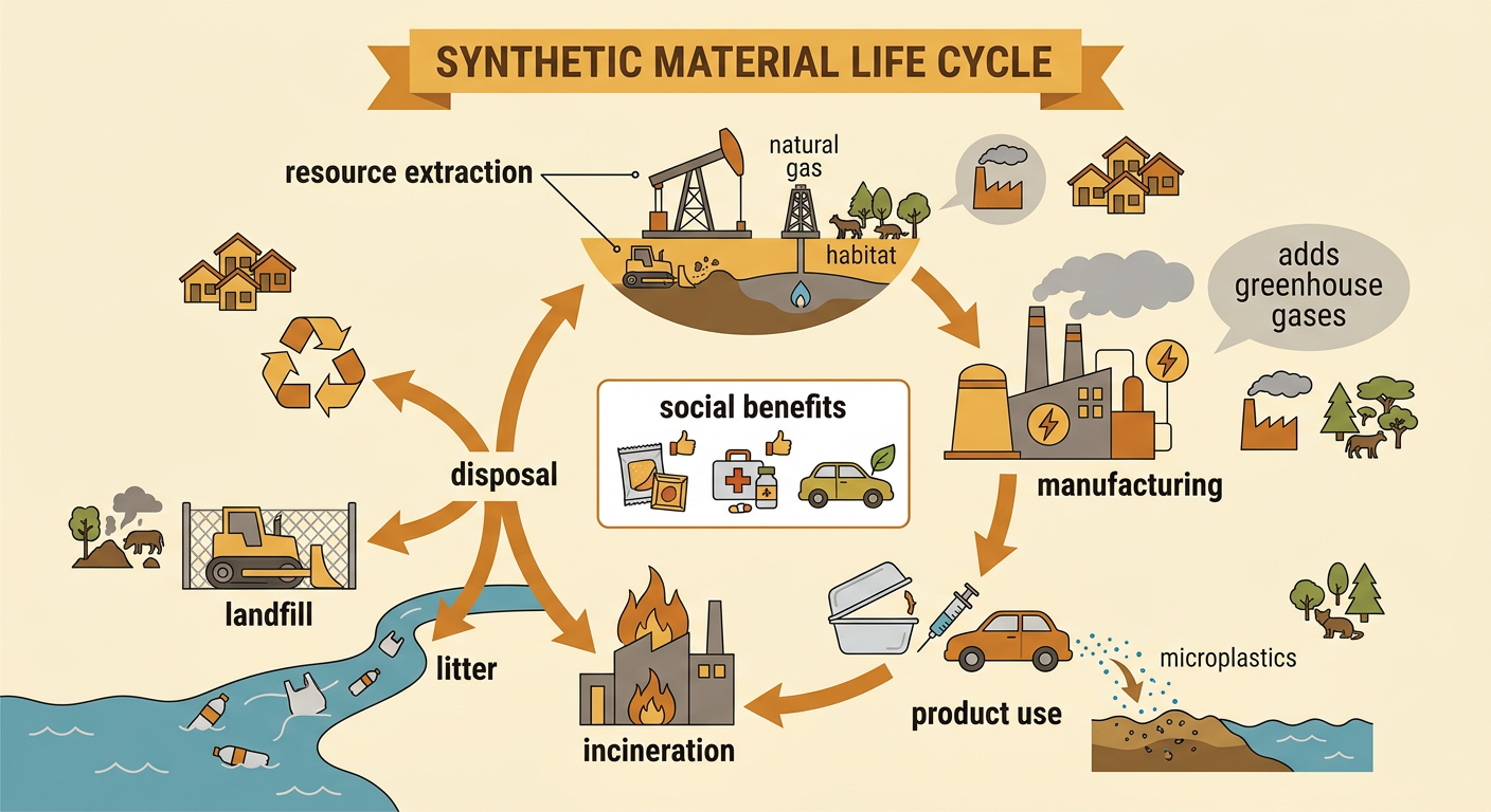 A circular life cycle shows plastic moving from extraction through manufacturing and use to disposal.