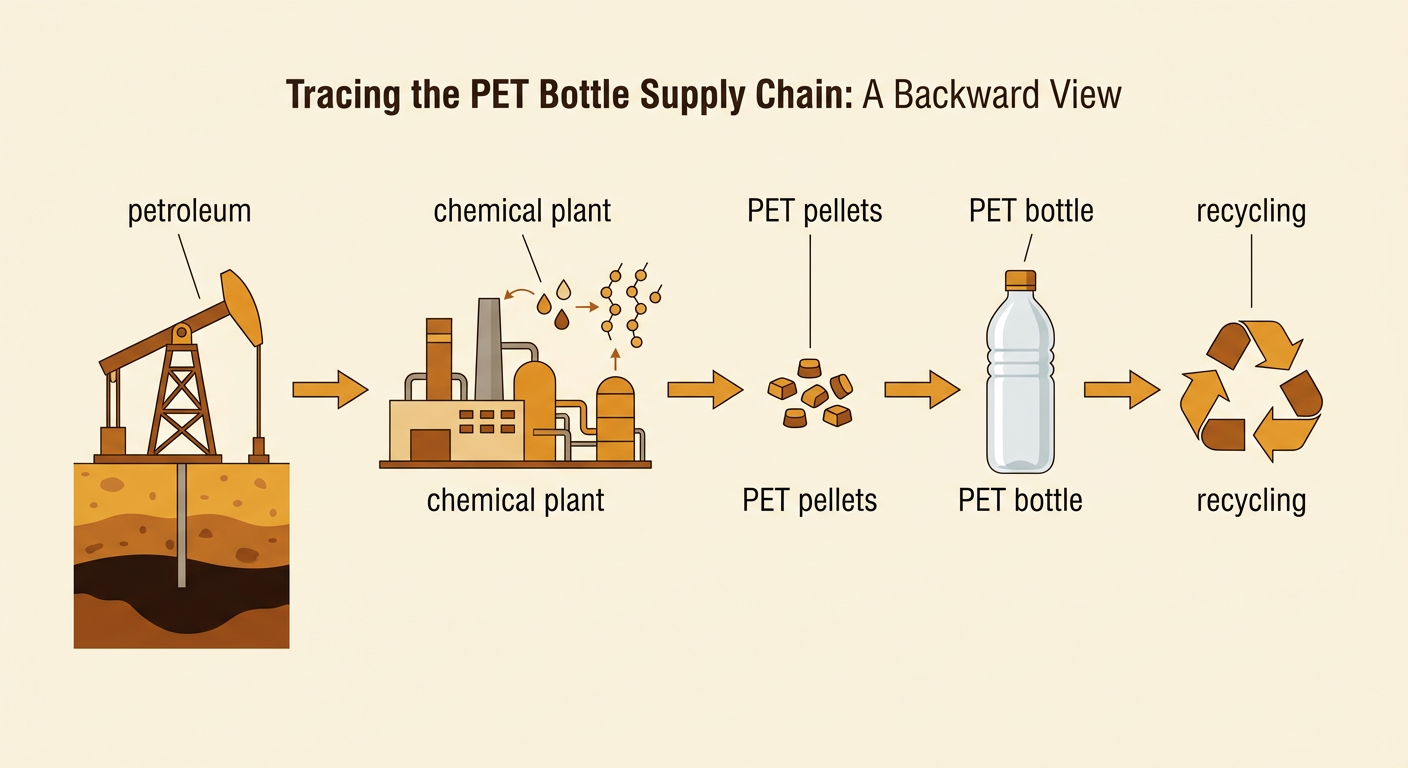A flow diagram traces petroleum through a chemical plant and PET pellets into a bottle and recycling.