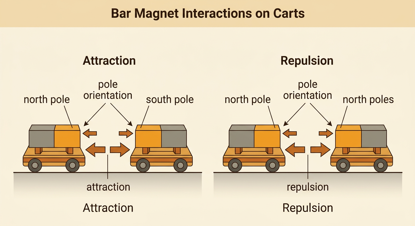 Two paired cart trials show opposite magnetic poles rolling together and like poles rolling apart.