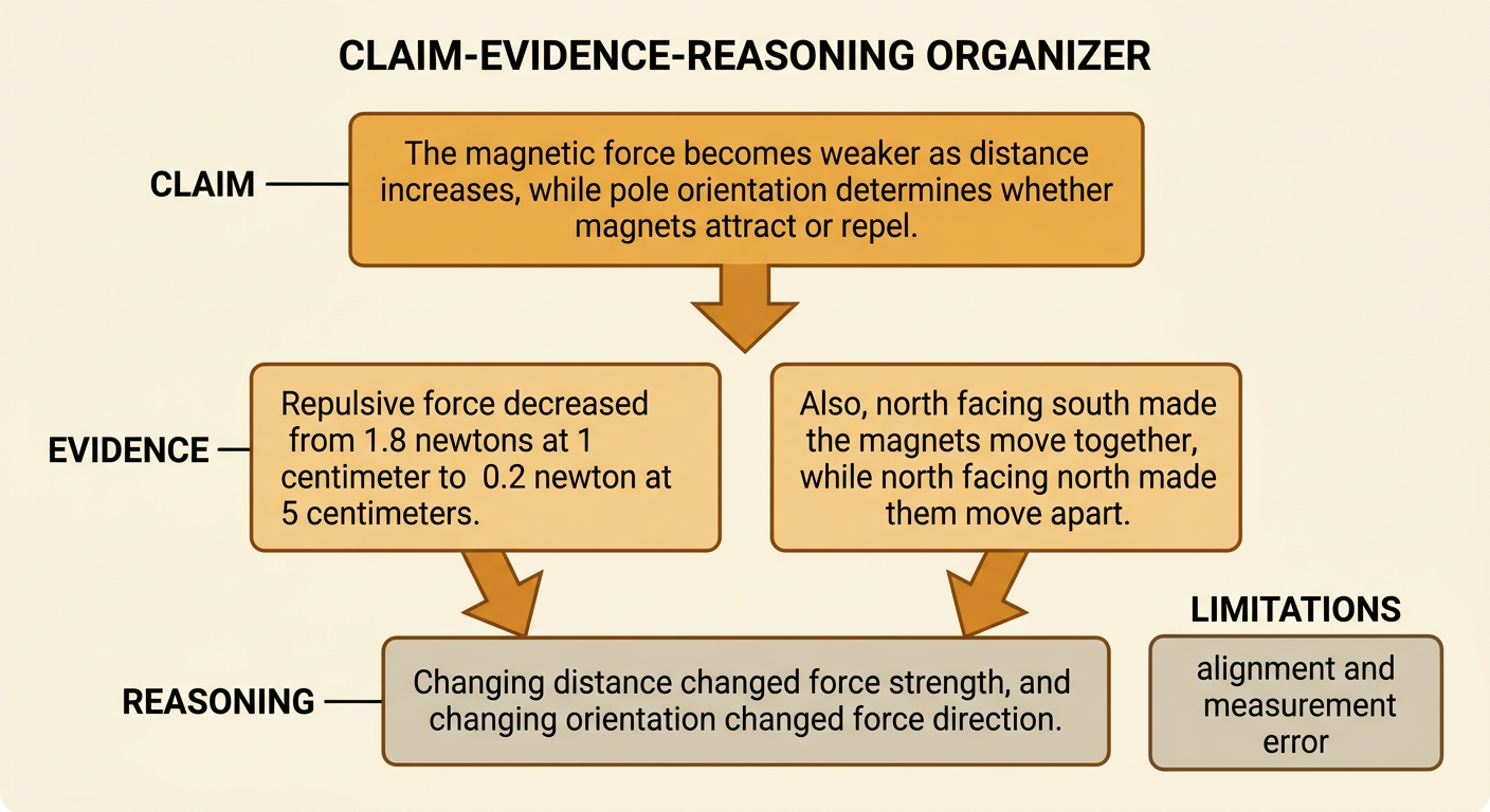 A scientific explanation organizer connects magnetic-force findings through claim, evidence, reasoning, and limitations.