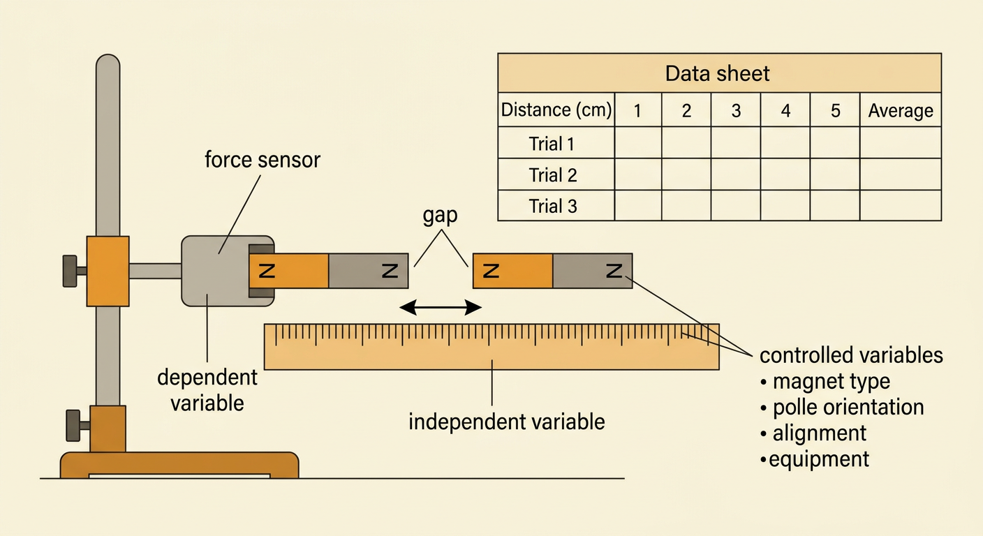 Two aligned magnets are separated by a measured gap, with one attached to a force sensor for repeated trials.