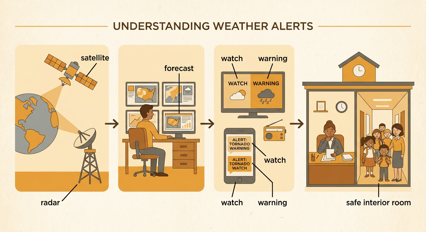 A meteorologist studies storm information while a school receives watch and warning alerts and moves toward shelter.