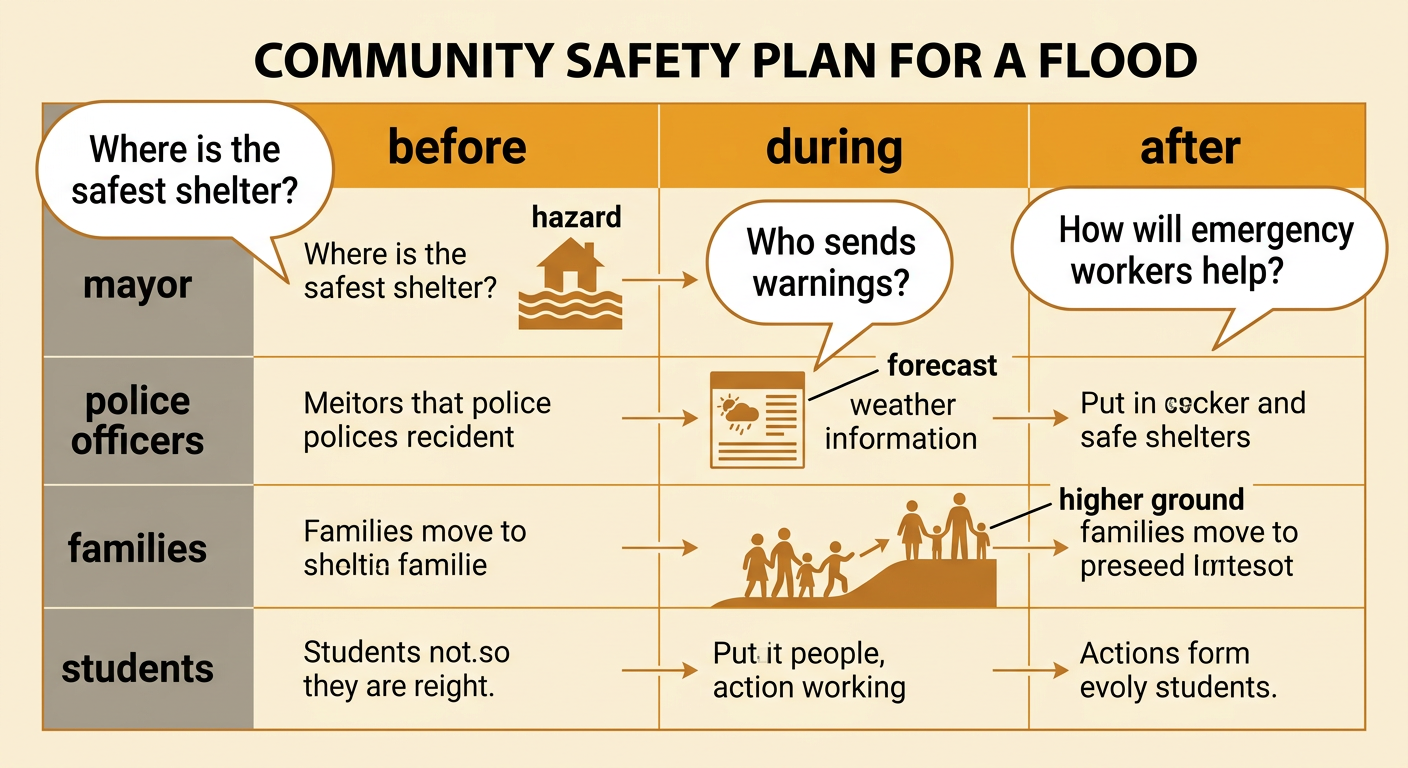 Children point to an ordered flood safety plan showing community jobs and actions around a town map.