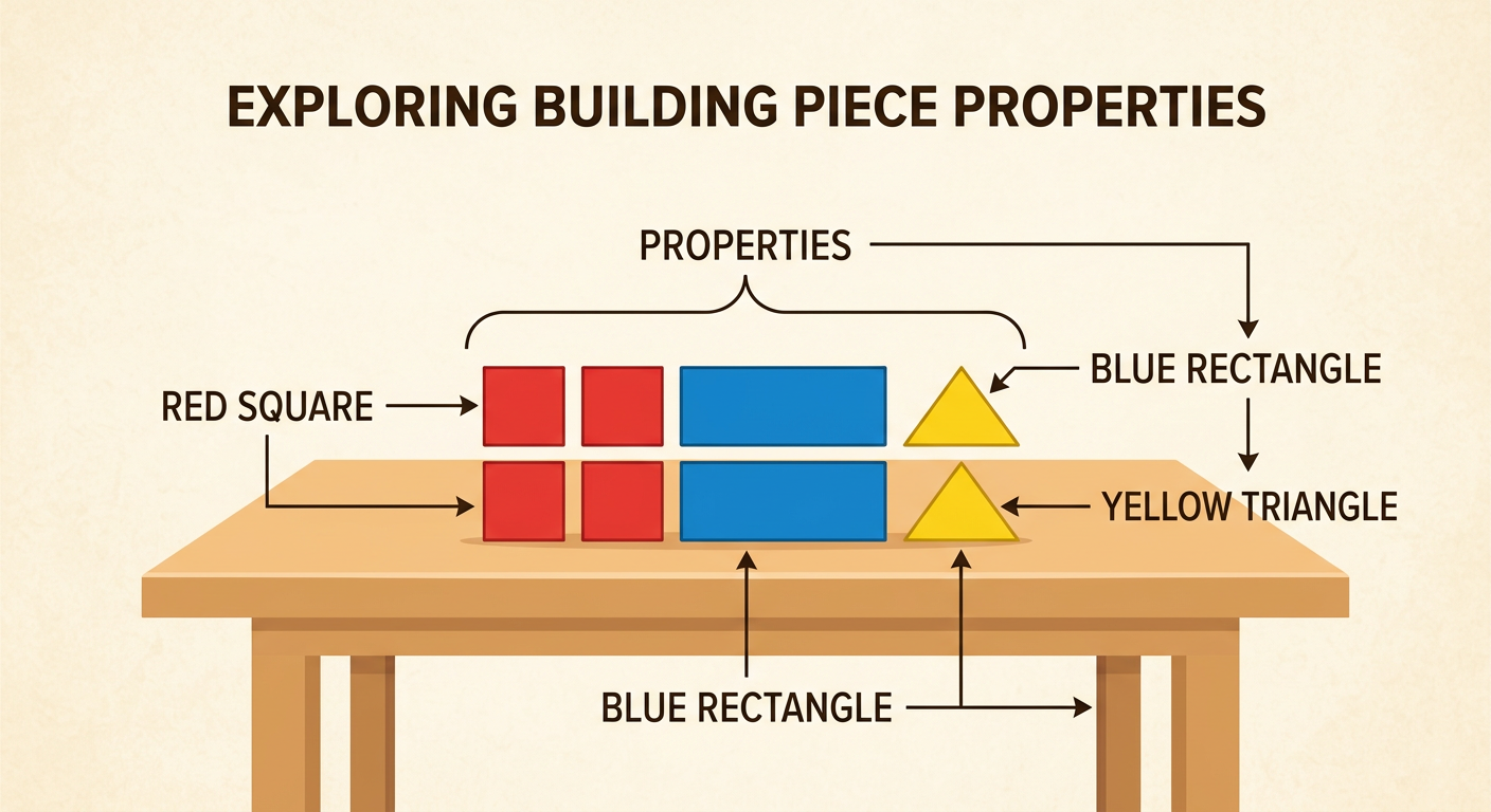 A small counted set of red square blocks, blue rectangle blocks, and yellow triangle blocks sits on a table beside a simple properties chart.