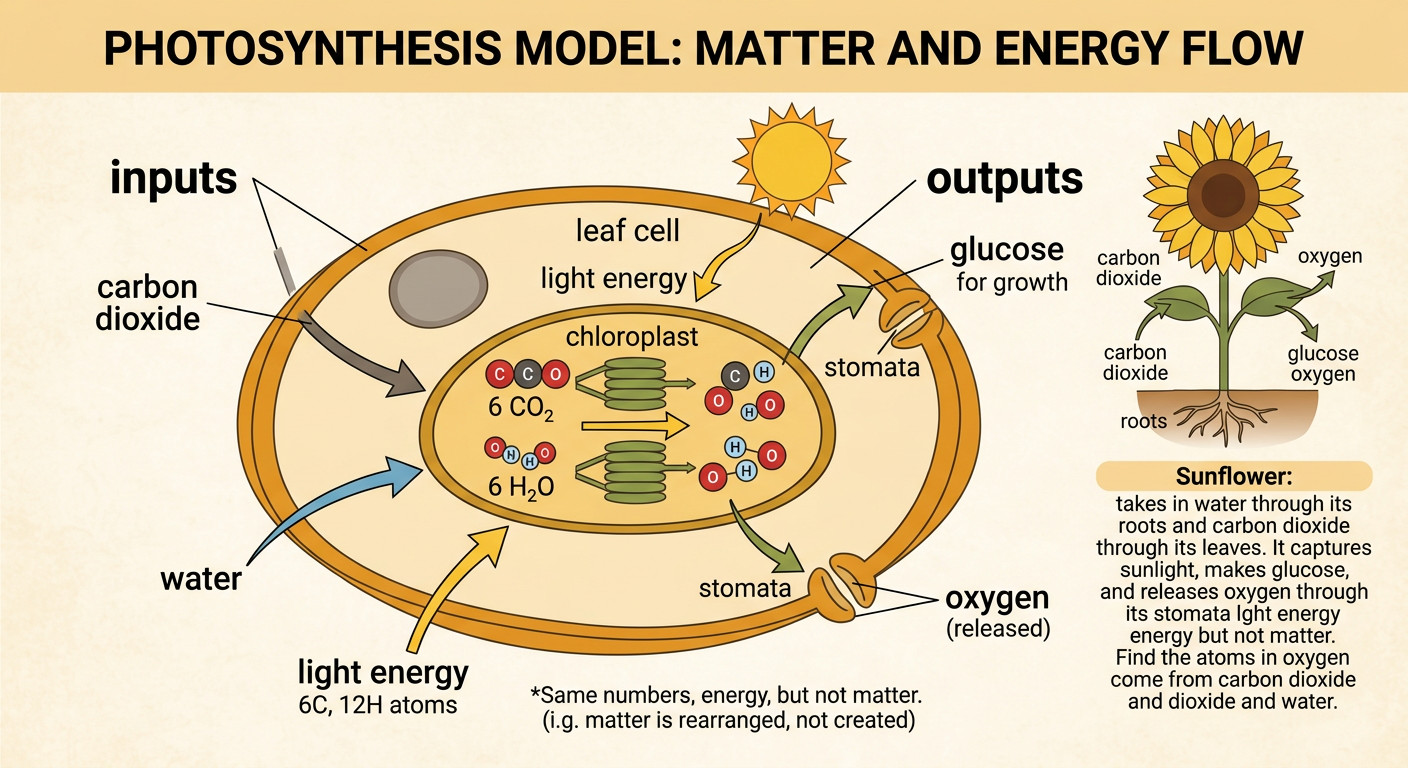 A sunflower photosynthesis model shows three inputs entering the plant and glucose and oxygen leaving as outputs.